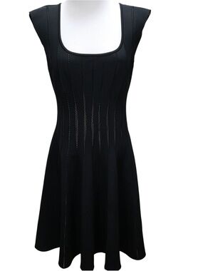 Tadashi Shoji Black Fit & Flare Dress Mesh Panel Square Neck Knee Length Size M